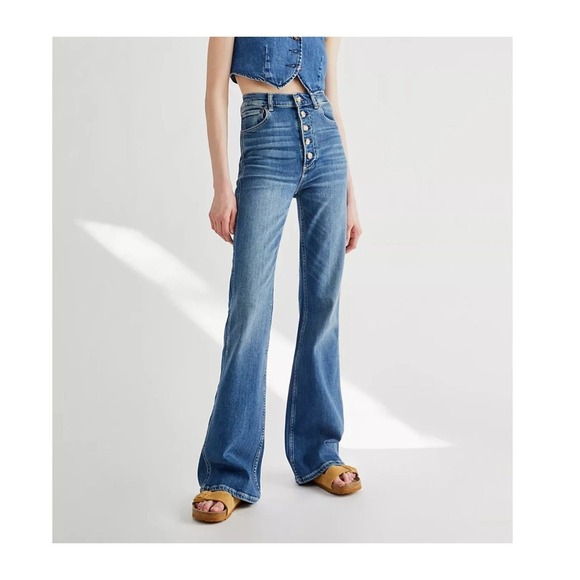 Boyish Denim - Boyish The Ricky Jeans Sz 31 Flare High Rise Stretch Medium Wash Button‎ Front